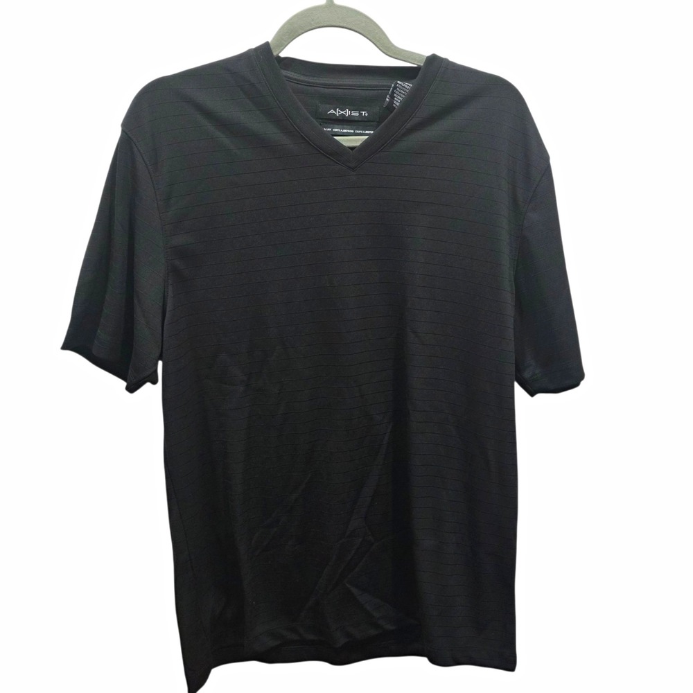 Axist Mens Medium Black V Neck Slim Fit Textured Stripe Short Sleeve Shirt